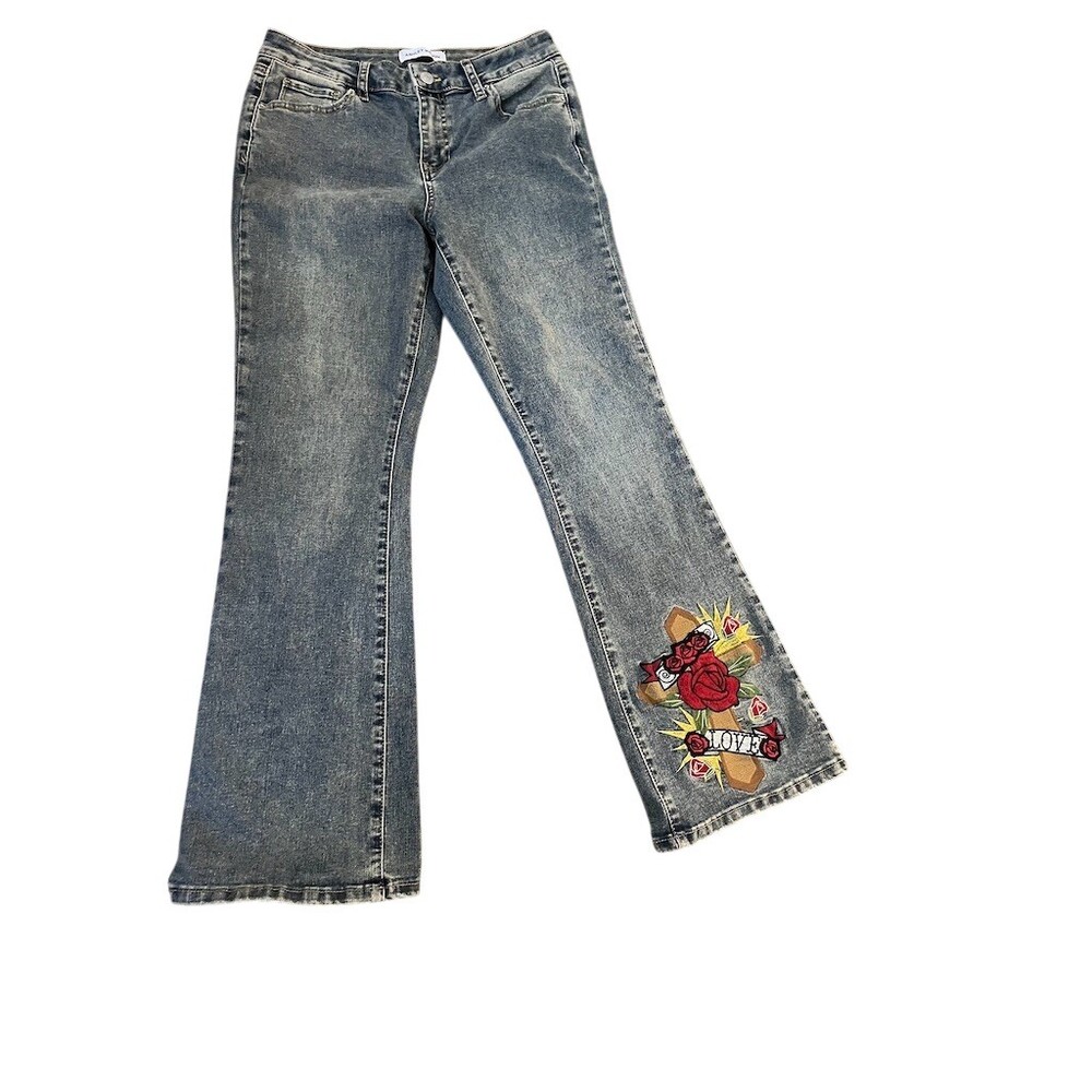 Ashley Mason Flare Jeans Womens Size 9 Blue Medium Wash Embroidered Y2K